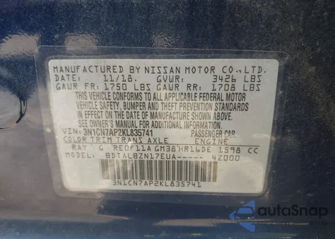 2019 Nissan Versa 1.6 Sv z USA, uszkodzony, nr VIN 3N1CN7AP2KL835741